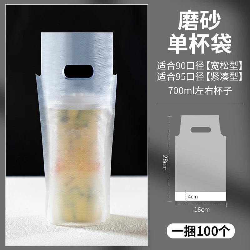 100pcs Disposable Milk Tea Packaging Bag PE Thick Monochrome Embossing Plastic Single Double Cup Coffee Beverage Handbag - allin1packaging