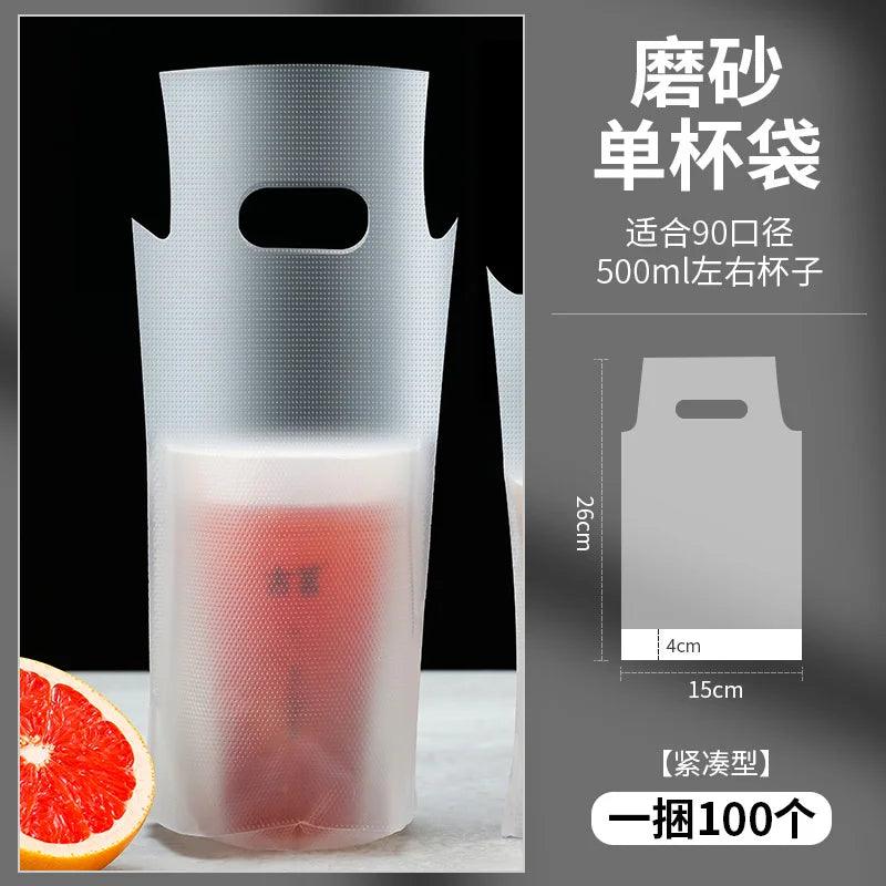 100pcs Disposable Milk Tea Packaging Bag PE Thick Monochrome Embossing Plastic Single Double Cup Coffee Beverage Handbag - allin1packaging