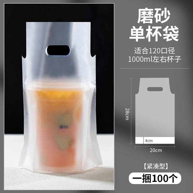 100pcs Disposable Milk Tea Packaging Bag PE Thick Monochrome Embossing Plastic Single Double Cup Coffee Beverage Handbag - allin1packaging