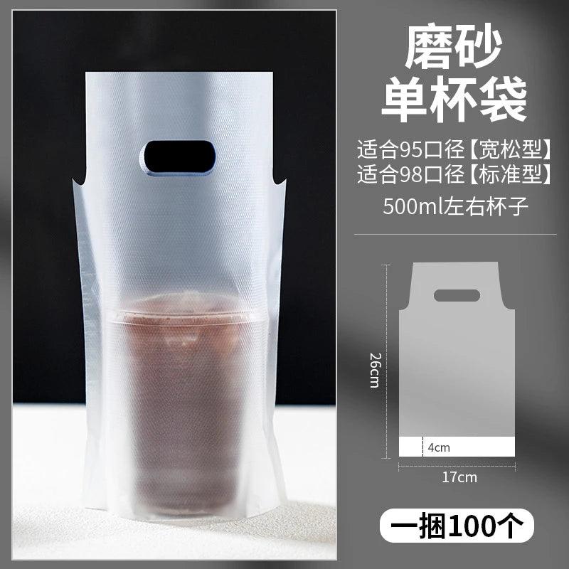 100pcs Disposable Milk Tea Packaging Bag PE Thick Monochrome Embossing Plastic Single Double Cup Coffee Beverage Handbag - allin1packaging