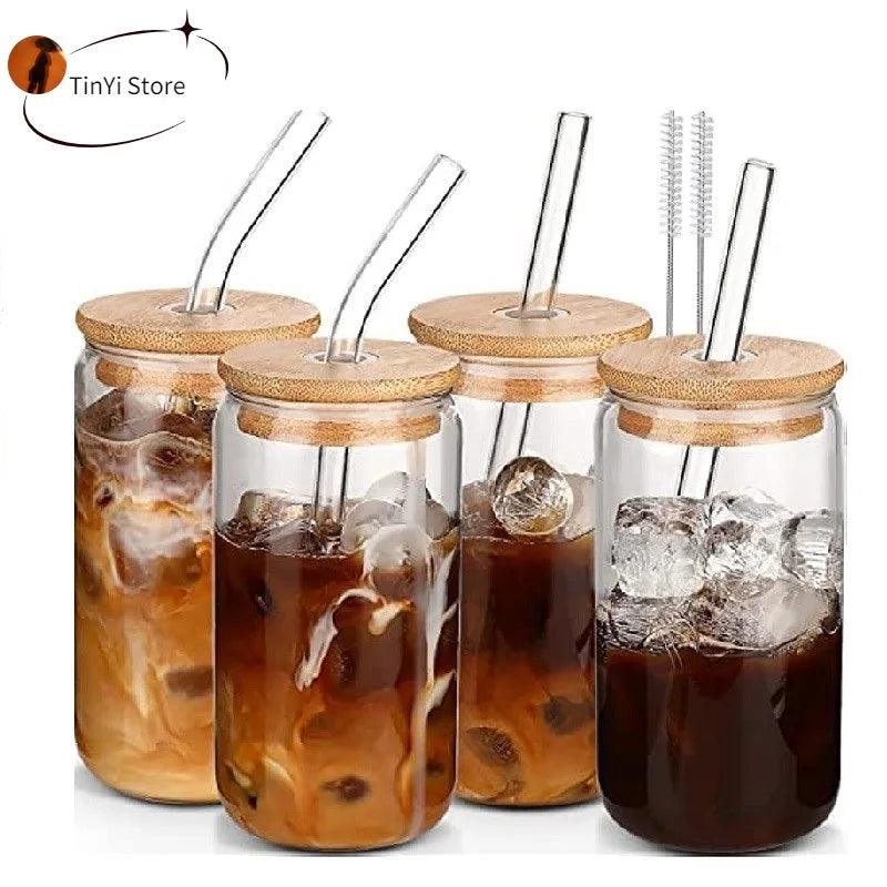 400/500ml Transparent Drinking Utensil Coffee Glass Cup with Straws Wine Milk Beer Cola Juice Cold Drinkware Handmade Can - allin1packaging